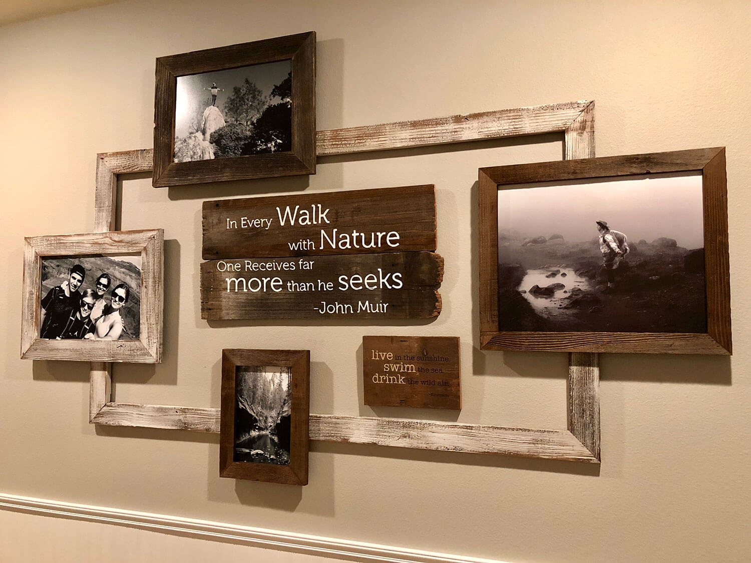Personalized reclaimed wood art with framed photos and inspiring hand-painted quotes for a cozy, rustic look by Urban Garden Studio. Custom rustic wood signs making up a collage with rustic framed photos and hand-painted quote signs for a vintage-inspired home décor by Urban Garden Studio.