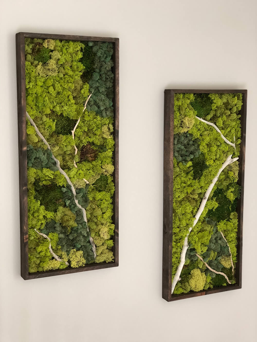 Preserved moss wall art utilizing a variety of preserved moss; cushion moss, mood moss and pool moss. For eco-friendly interiors