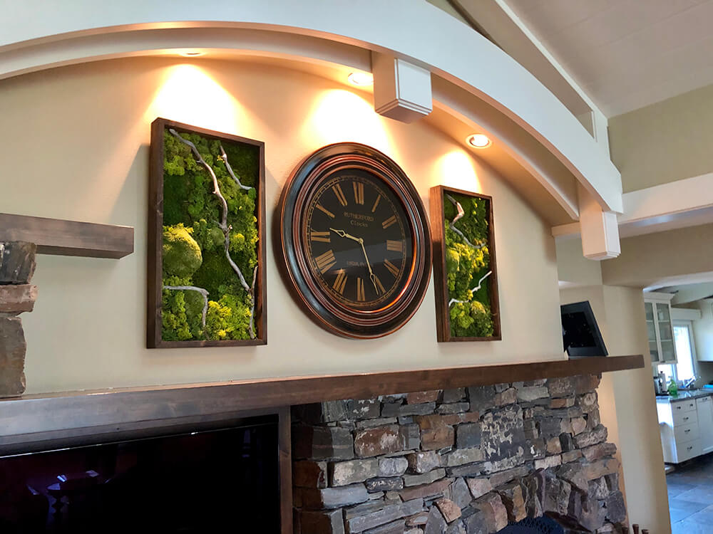 Custom moss wall art utilizing a variety of preserved moss; cushion moss, mood moss and pool moss. For eco-friendly interiors