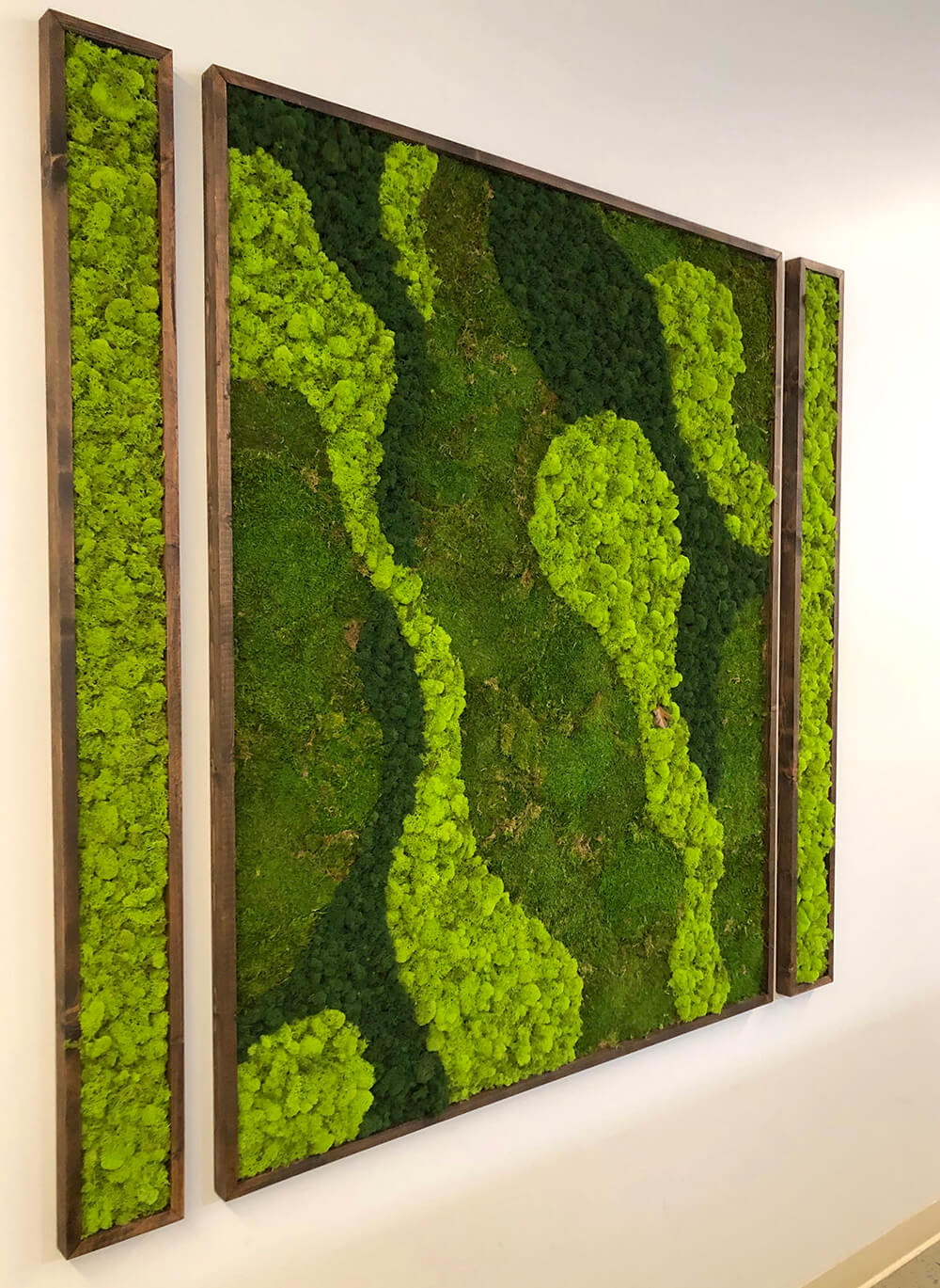 Preserved moss wall art utilizing a variety of preserved moss; reindeer and sheet moss. For eco-friendly interiors