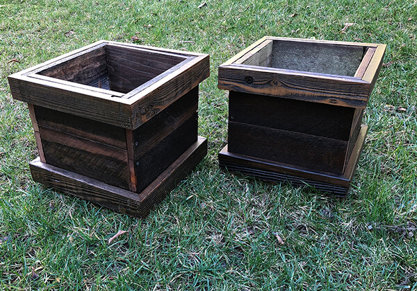 Custom reclaimed wood planters, stained in walnut and made in any size.