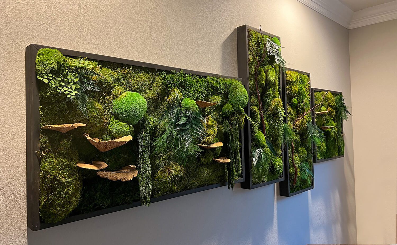 Preserved moss wall art created with preserved ferns, dried mushrooms and amaranthus 