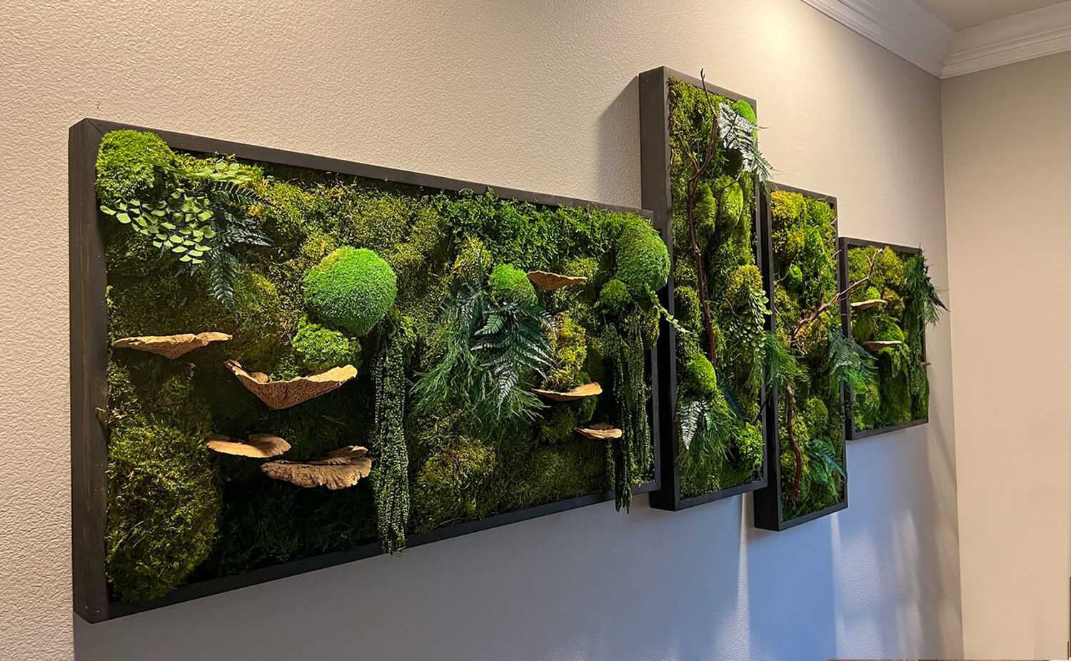 Preserved Moss Wall with Manzanita Branches and Mushrooms