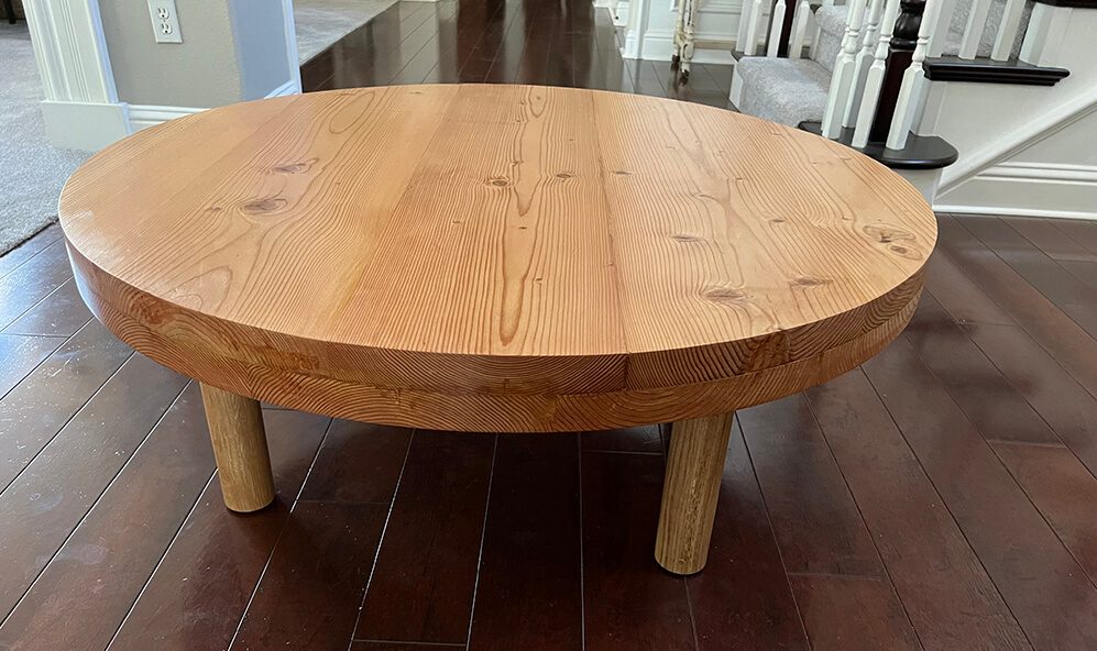 Round modern hand crafted coffee table made from reclaimed Douglas Fir wood to custom fit your room and style by Urban Garden Studio Unique reclaimed wood round coffee table by Urban Garden Studio, adding rustic charm to your living space with its handcrafted design and eco-friendly materials.