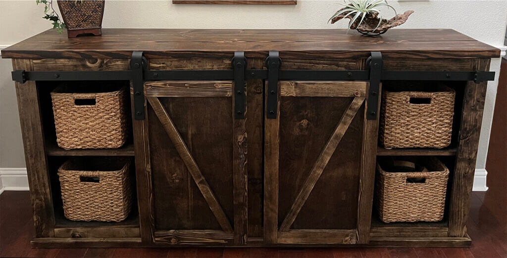 Rustic wooden console with sliding barn doors, handcrafted by Urban Garden Studio