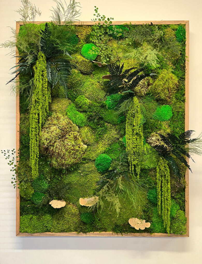 Preserved moss wall art created with preserved ferns, dried mushrooms and amaranthus by Urban Garden Studio.