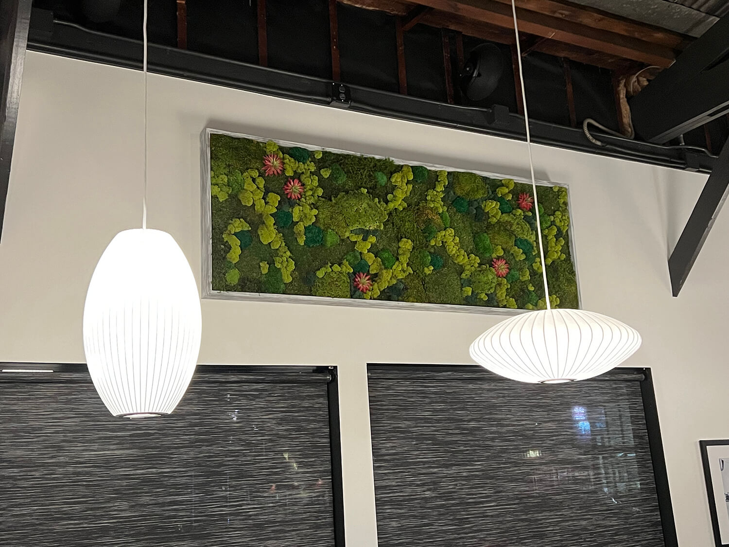 Colorful preserved wall art created with reindeer moss with many different colors creating moss abstract art.