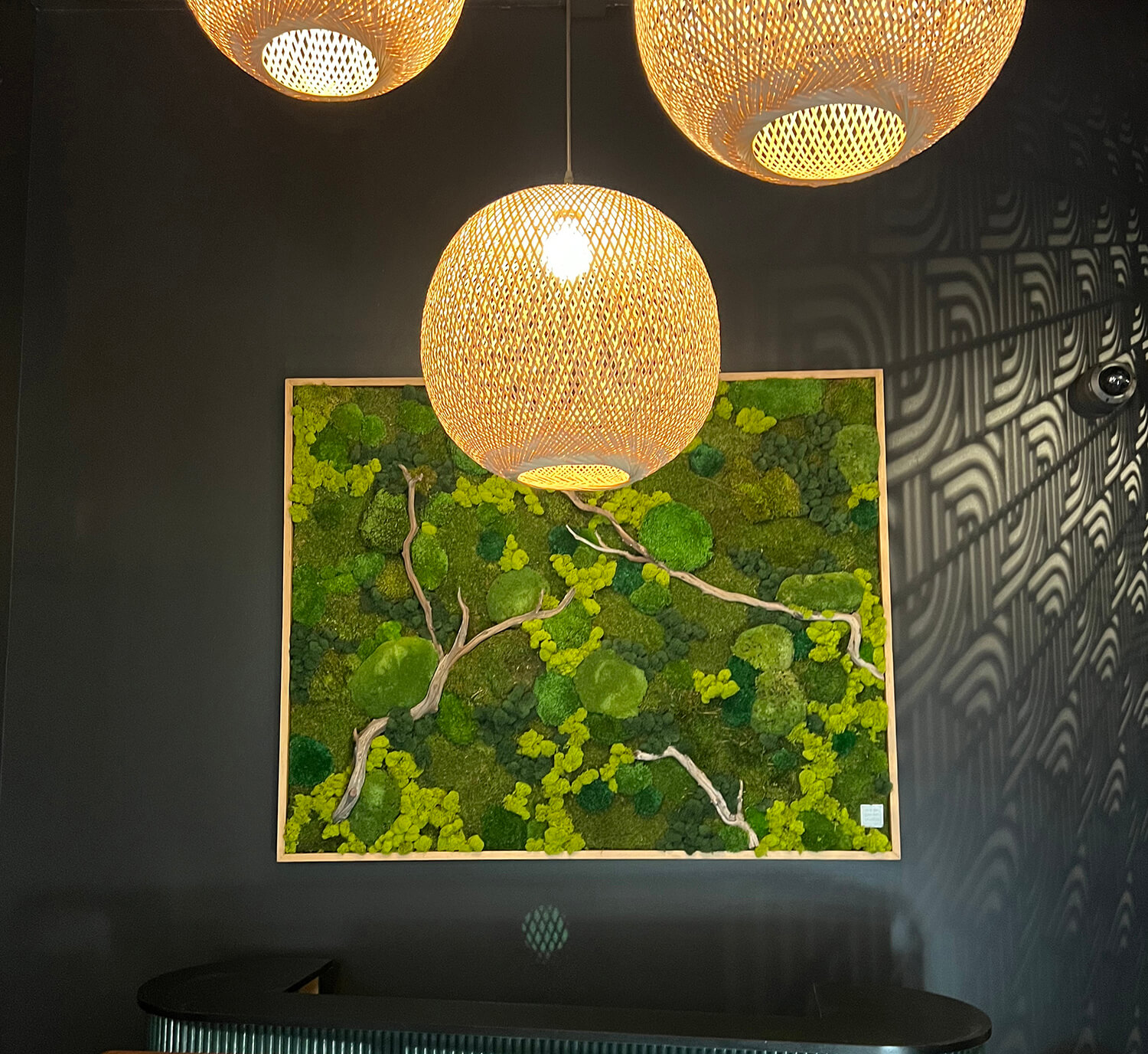 Living wall created preserved moss and incorporated with driftwood. Mood moss, cushion moss, sheet moss and reindeer moss are used to create this green art work. The perfect choice for anyone looking for eco-friendly interiors.